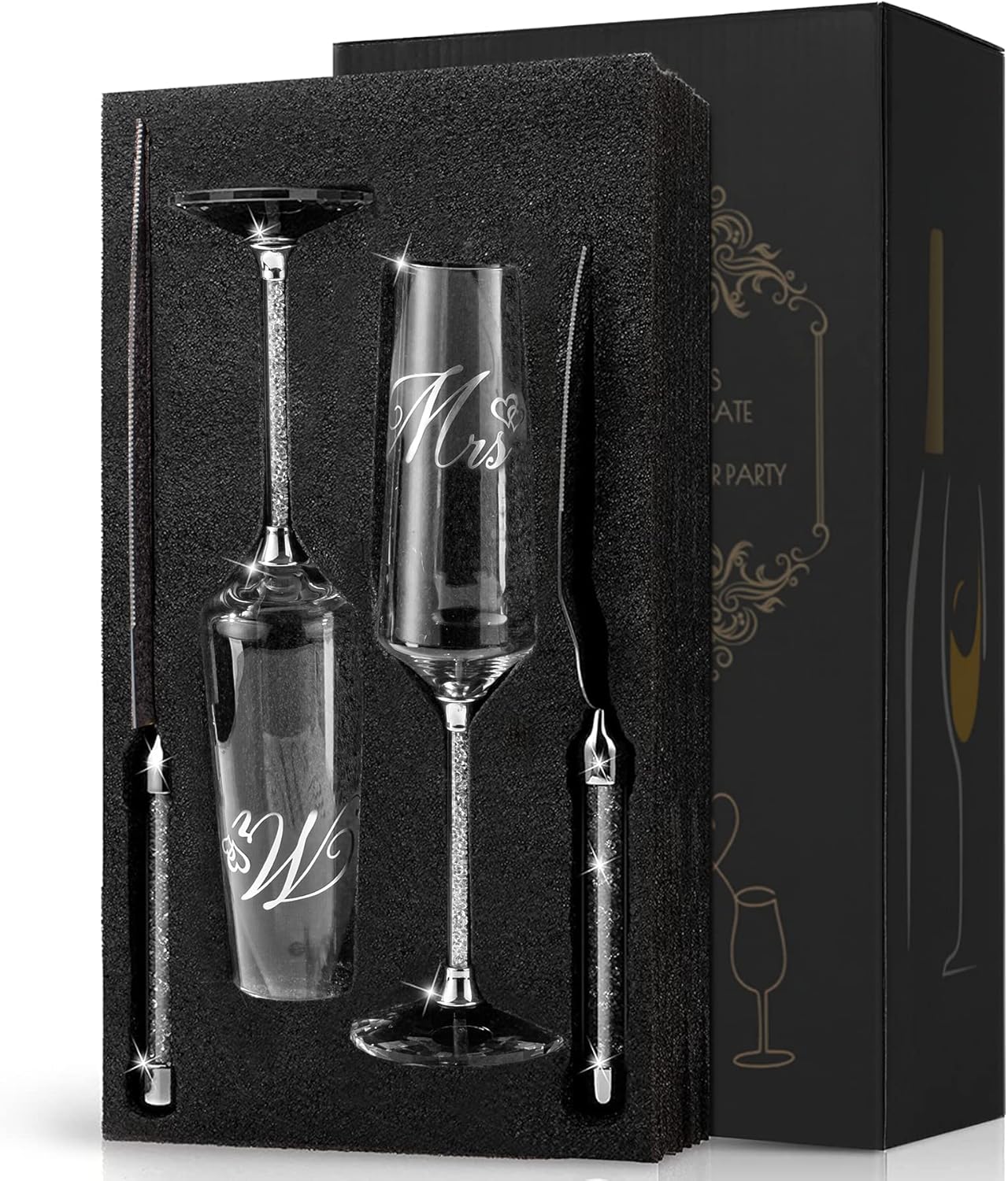Wedding Cake Knife and Server Set, Mr and Champagne Flutes with Wedding Cake Cutting Set for Bride and Groom Toasting (Clear)