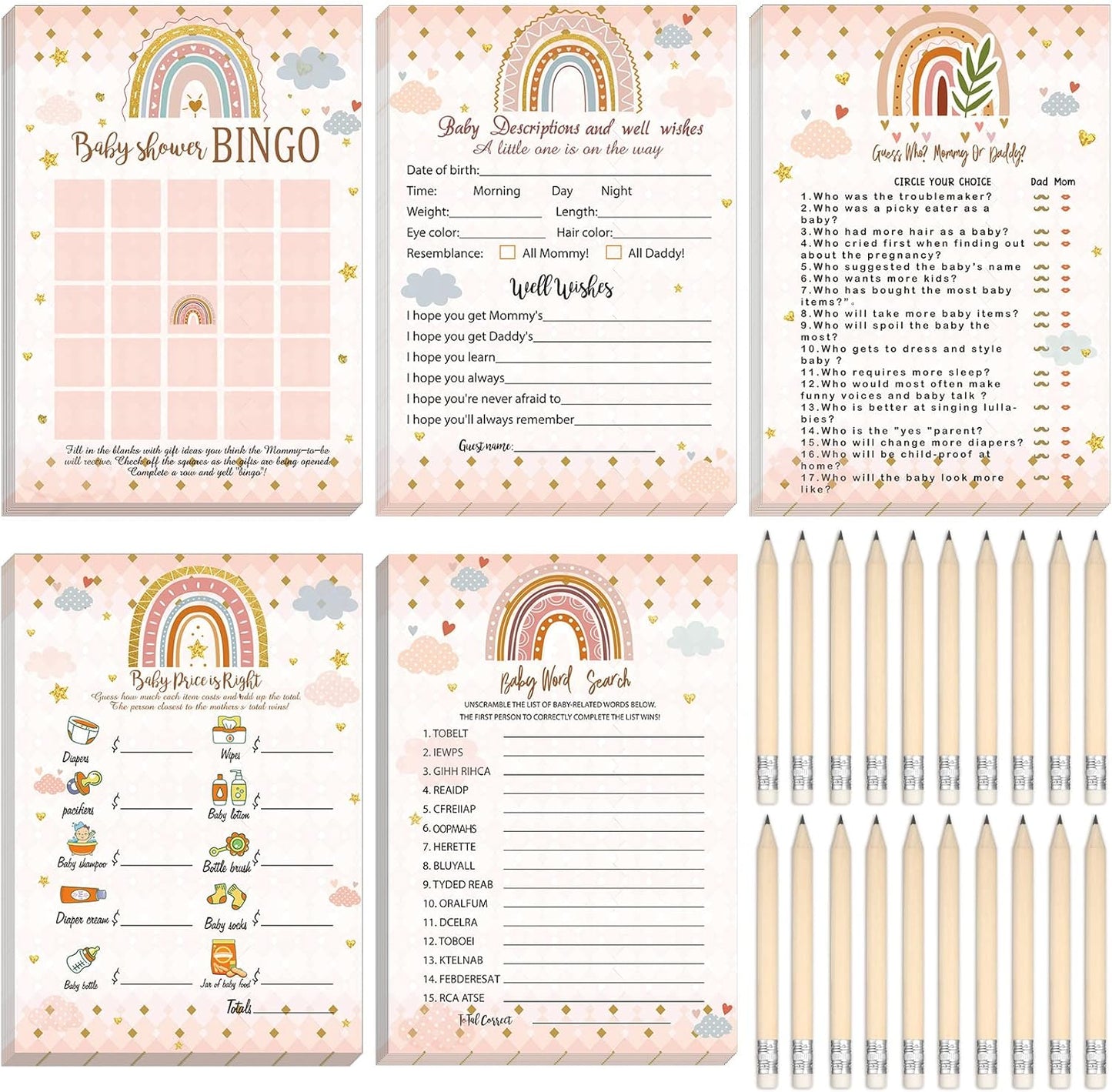 Yinder 145 Pcs Baby Shower Games Activities Cards with 20 Pencils Includes Baby Bingo Description and Wishes Guess Who Price is Right Word Scramble Game(Here Comes the Son)
