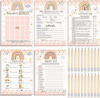 Yinder 145 Pcs Baby Shower Games Activities Cards with 20 Pencils Includes Baby Bingo Description and Wishes Guess Who Price is Right Word Scramble Game(Here Comes the Son)