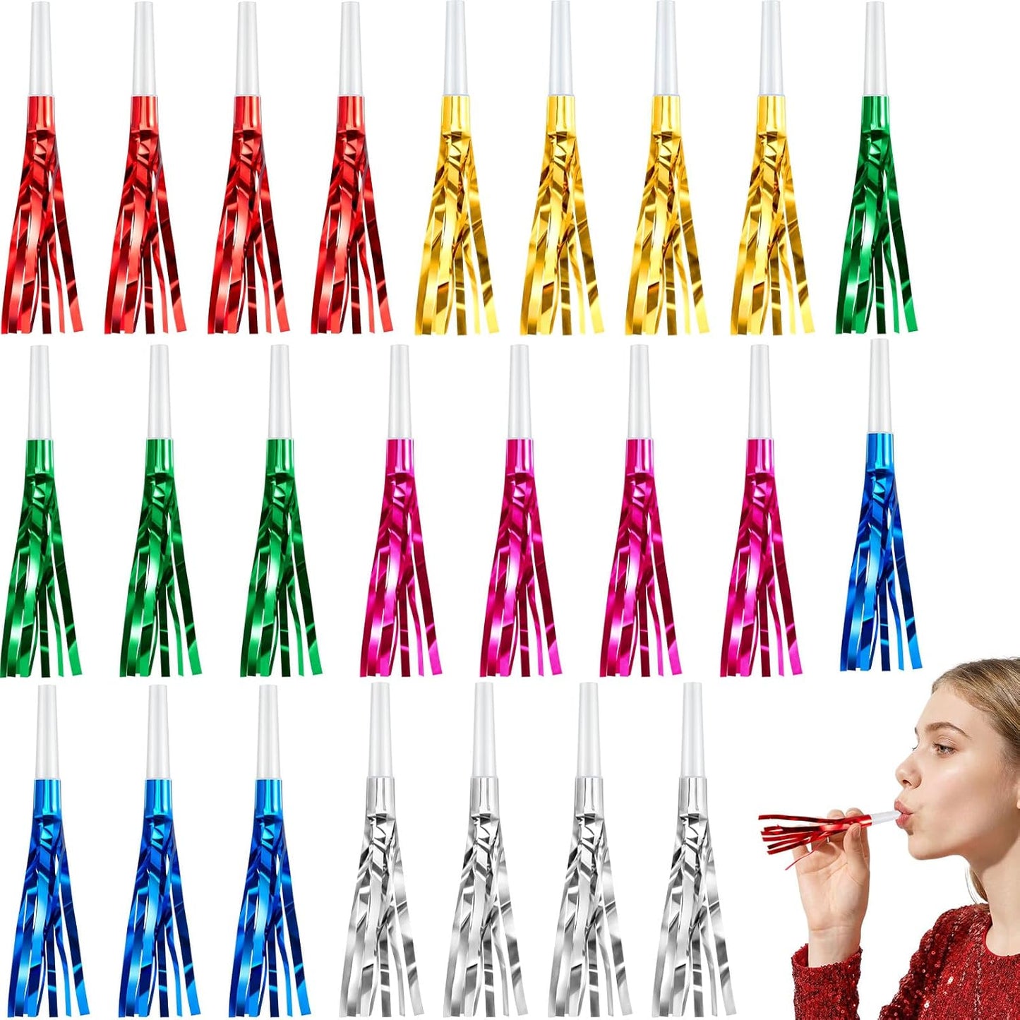 Sumind 24 Pcs Gold Noise Makers Metallic Fringed Party Blowers Horns Whistles Noisemakers Party Favors for Adults Birthday Graduation Sporting Events Celebration Surprise Supplies