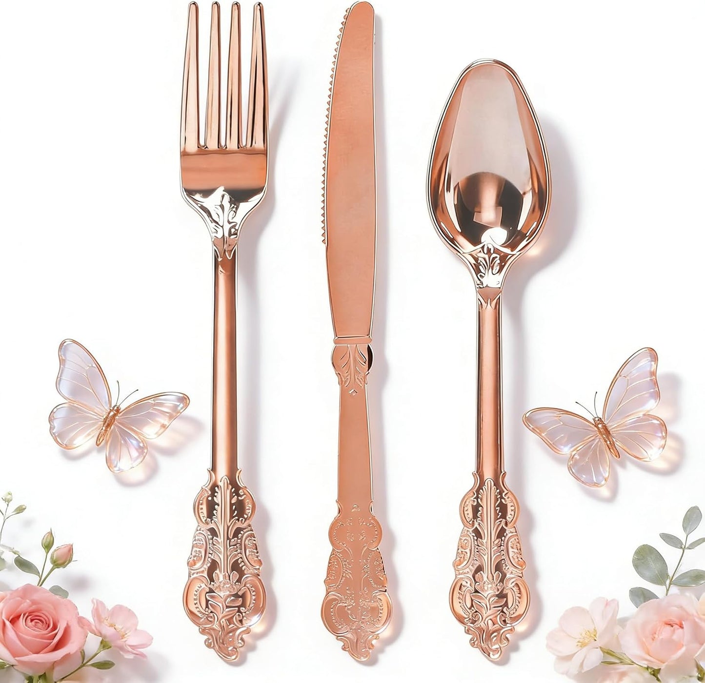 WDF300 Pieces Gold Plastic Silverware - Heavy Duty Disposable Cutlery Set Plastic Gold Silverware Set Includes 100 Forks, 100 Spoons, 100 Knives for Party Baby Shower Wedding Spring