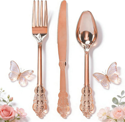 WDF300 Pieces Gold Plastic Silverware - Heavy Duty Disposable Cutlery Set Plastic Gold Silverware Set Includes 100 Forks, 100 Spoons, 100 Knives for Party Baby Shower Wedding Spring