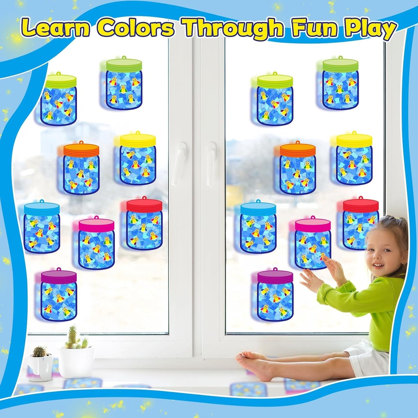 QOUBAI 32 Sets Stars Suncatchers Craft Back to School DIY Stained Glass Window Patriotic 4th of July Paper Craft Home School Classroom Decor Kid Birthday Gift Creative Art Activity Game - Colors B