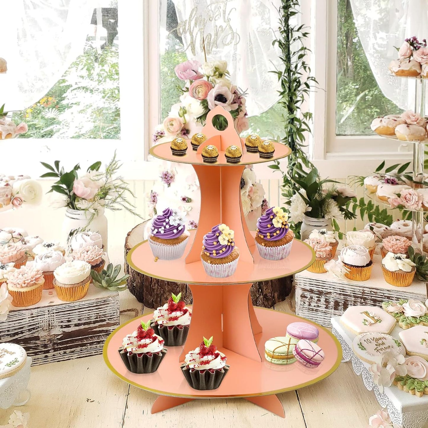 Soleebee 3-Tier Round Cupcake Stand, Cardboard Cupcake Tower, Dessert Cup Cake Stand Tower for Birthday Wedding Party Decoration, Cupcake Tier Stand 1 Set (Hot Pink)