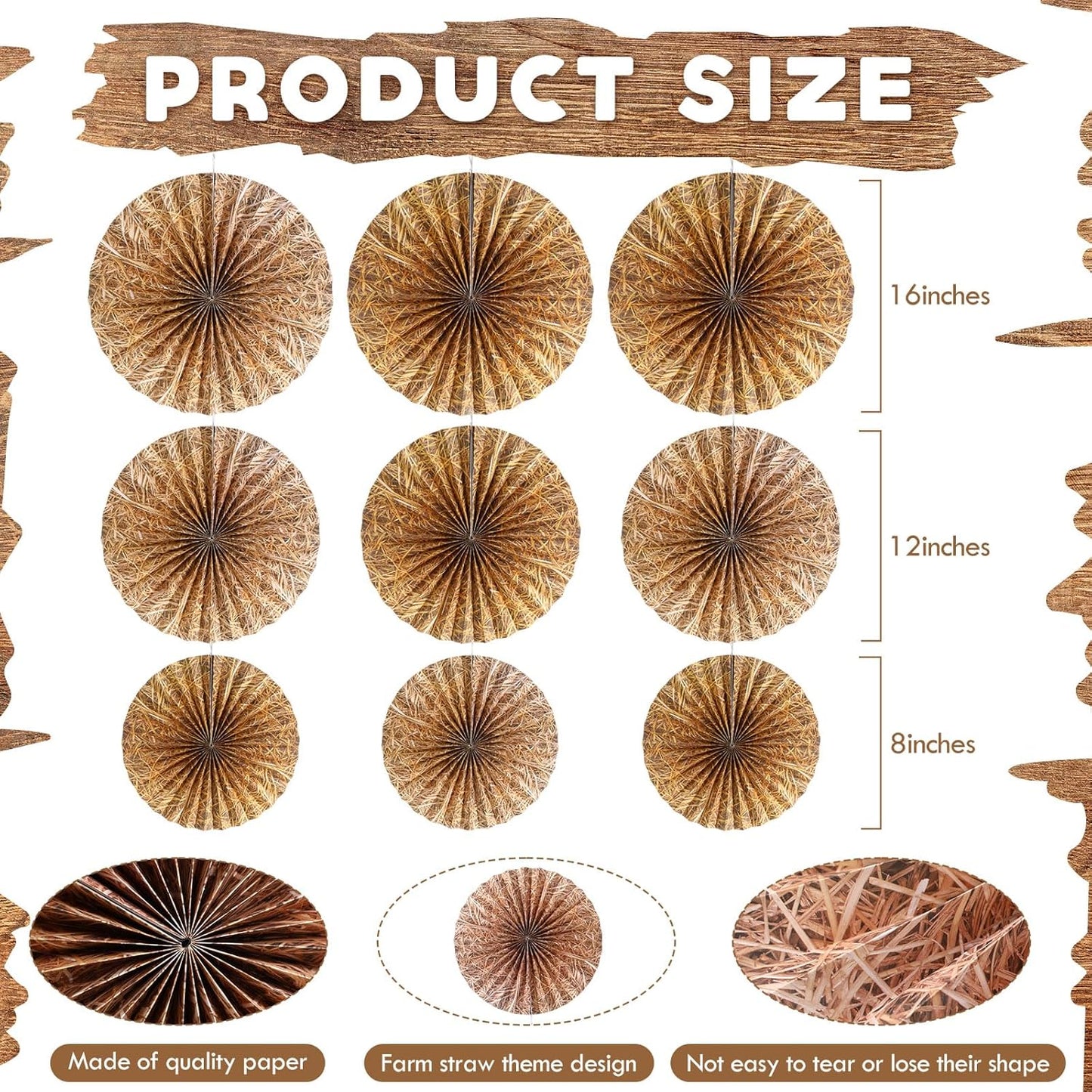 Outus 9 Pcs Western Cowboy Party Decorations Paper Fans Wagon Wheels Straw Hay Bales Hanging Ceiling Wall Decor for Country Western Themed Rodeo Farm Birthday Party Supplies (Wagon Wheels)