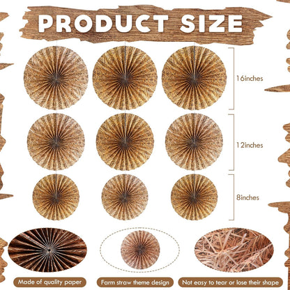 Outus 9 Pcs Western Cowboy Party Decorations Paper Fans Wagon Wheels Straw Hay Bales Hanging Ceiling Wall Decor for Country Western Themed Rodeo Farm Birthday Party Supplies (Wagon Wheels)