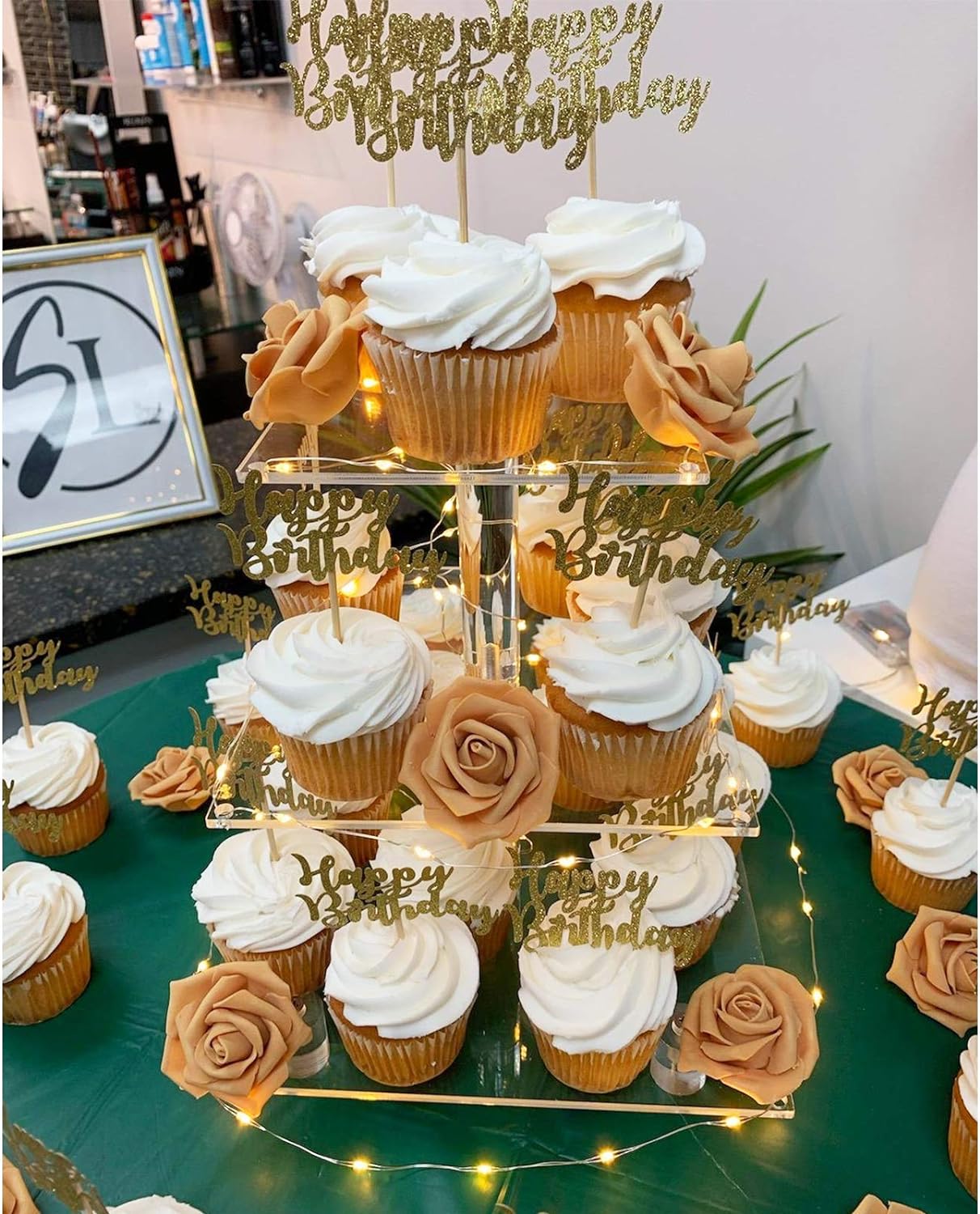 YestBuy Cupcake Stand with Yellow Led Lights, 4 Tier Cupcake Stand for 50 Cupcakes, Acrylic Cupcake Tower Stand, Clear Tiered Cupcake Holder for Birthday Cady Bar Décor Weddings, Parties Events