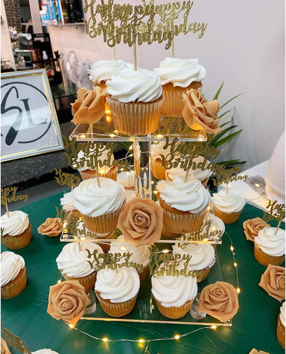 YestBuy Cupcake Stand with Yellow Led Lights, 4 Tier Cupcake Stand for 50 Cupcakes, Acrylic Cupcake Tower Stand, Clear Tiered Cupcake Holder for Birthday Cady Bar Décor Weddings, Parties Events
