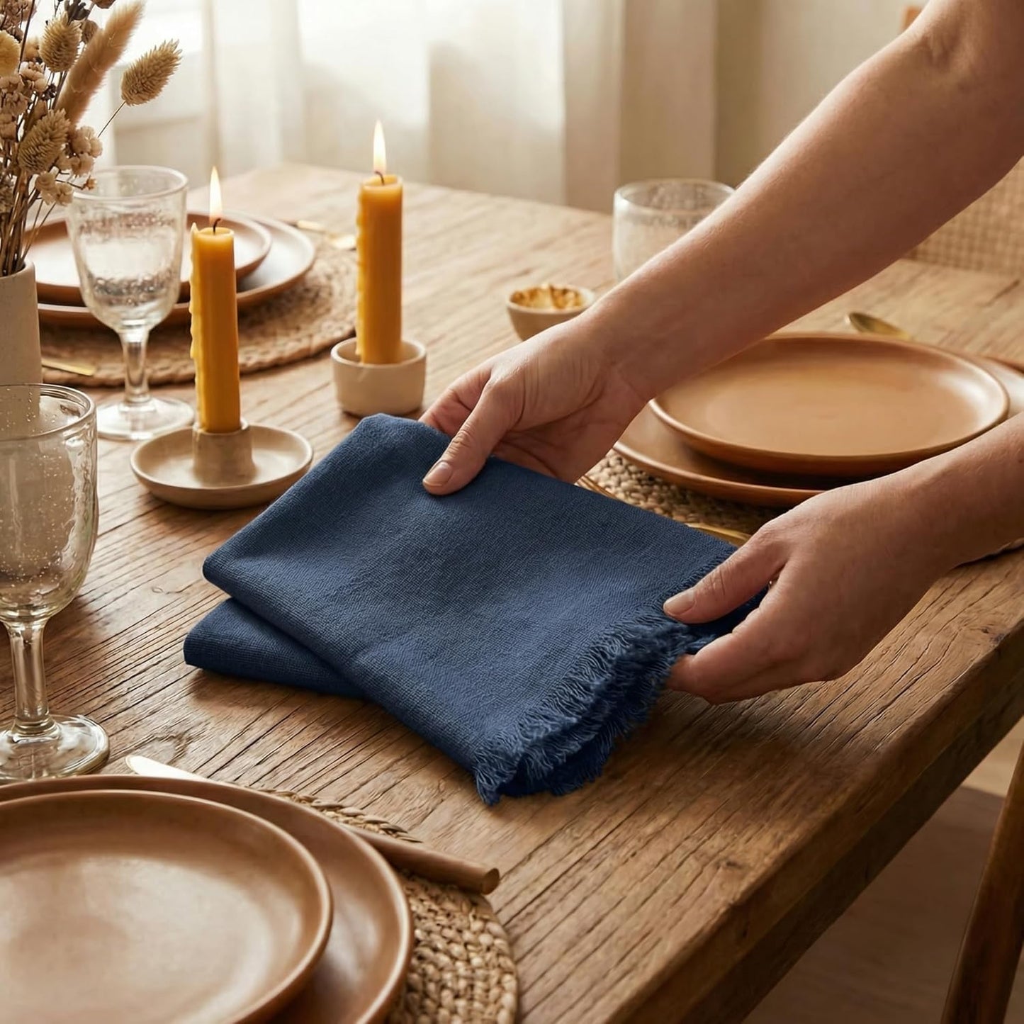 ACCENTHOME Natural Cotton Linen Napkin Set of 12 18x18 inch Dinner Napkins - Washable Soft Premium Hotel Quality Reusable Hemmed Edges Napkins Perfect Table Linens for Family Dinners, Weddings