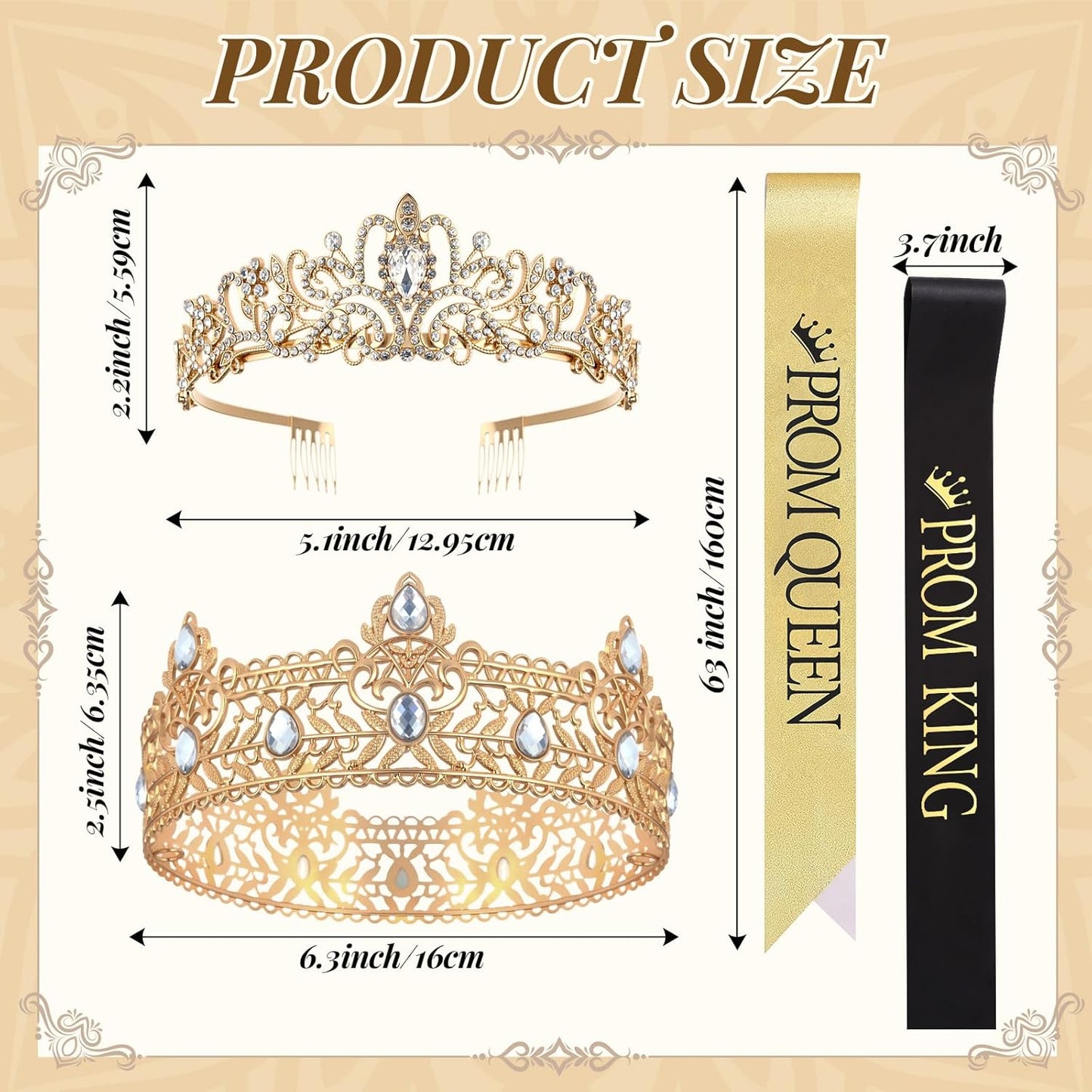Lyrow 4 Pcs Prom King and Queen Crown Set, Prom King Crown with Sash for Graduation, Queen Tiara with Sash for Grad Couple Accessories Homecoming Birthday Party(Cute,Black,White)