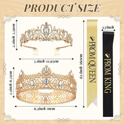 Lyrow 4 Pcs Prom King and Queen Crown Set, Prom King Crown with Sash for Graduation, Queen Tiara with Sash for Grad Couple Accessories Homecoming Birthday Party(Cute,Black,White)
