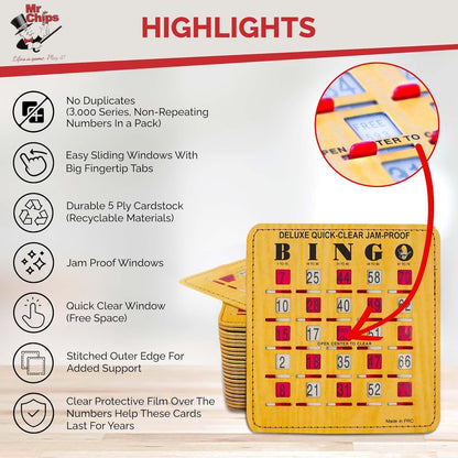 MR CHIPS Jam-Proof Bingo Cards with Sliding Windows, 25 Reusable Shutter Cards, 75 Calling Cards 1 Master Board in Tan Woodgrain Style