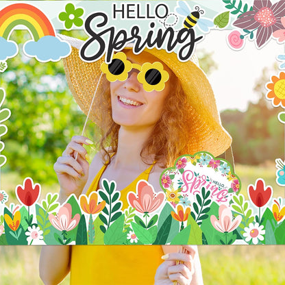 Hello Spring Party Photo Booth Props with Paper Frame - 26PCS Hello Spring Flower Theme Selfie Props Party Decoration Supplies