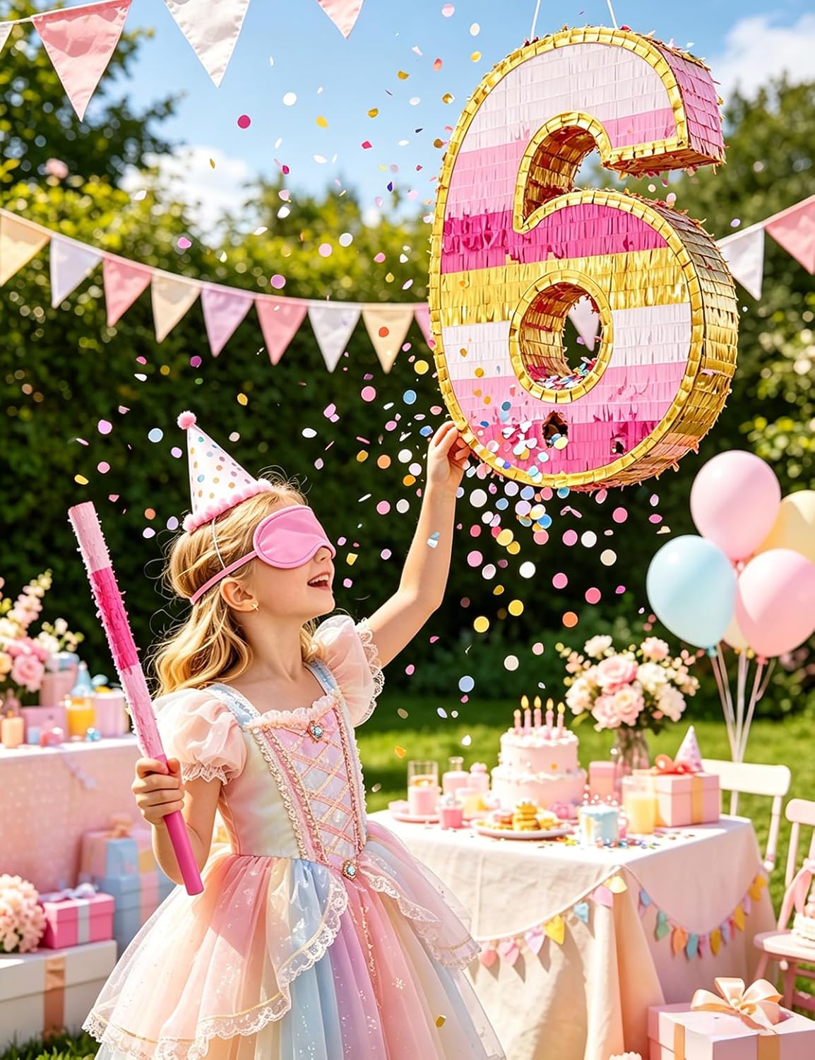 Number 5 Piñata with Stick, Blindfold & Confetti-Pink Piñata for Birthday Parties, Complete Party Game Set for Kids Girls-Gradient Pink Birthday Decor with Fillable Design(Small, 16.5 x 11.5 x 3 In)