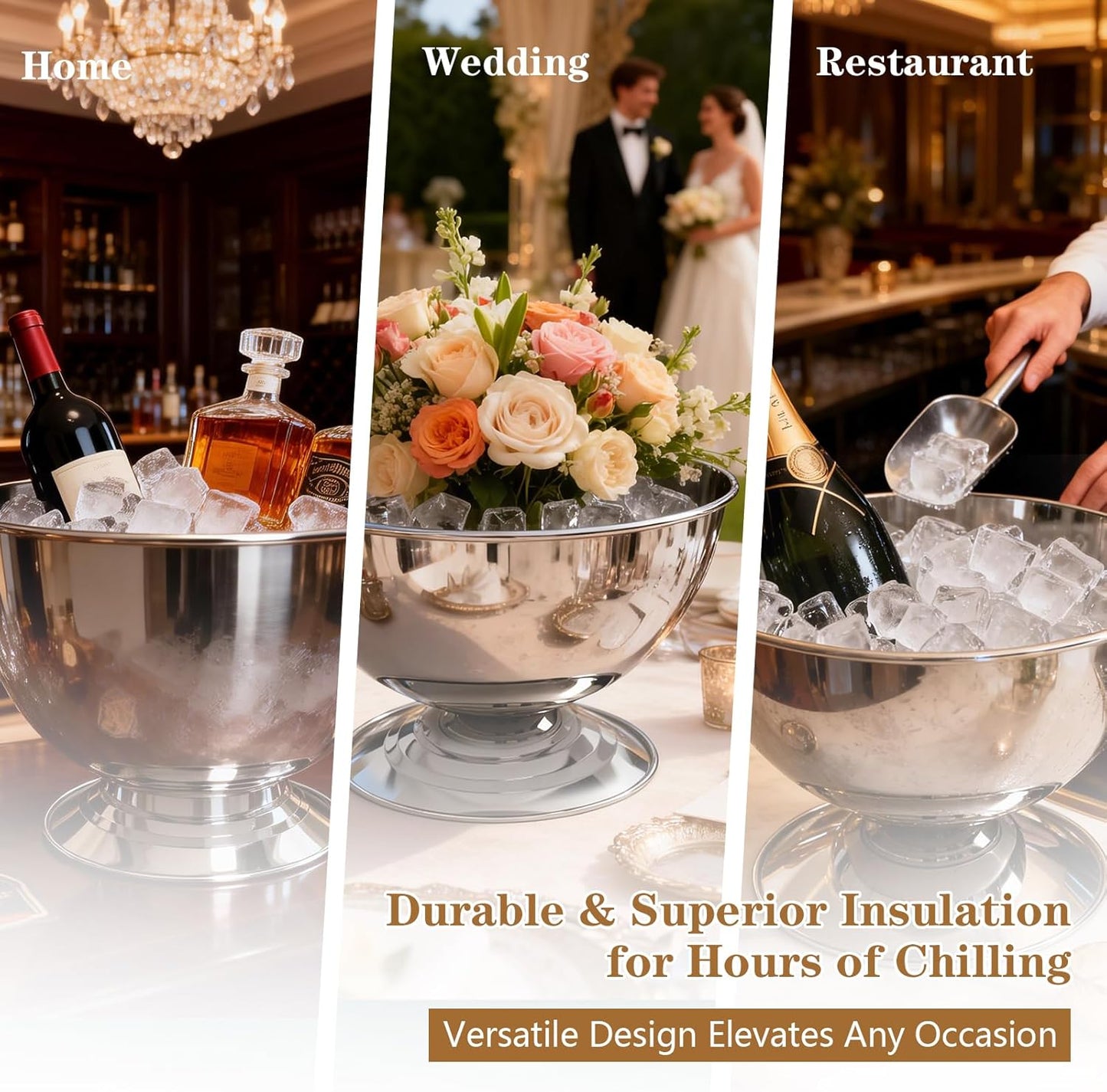 12L Large Stainless Steel Champagne Ice Bucket with Ice Scoop, Mirror Polished Punch Bowl with Detachable Stable Base, Holds Up to 10 Bottles for Parties, Weddings, Banquets and Restaurants(2 packs)
