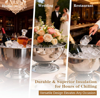 12L Large Stainless Steel Champagne Ice Bucket with Ice Scoop, Mirror Polished Punch Bowl with Detachable Stable Base, Holds Up to 10 Bottles for Parties, Weddings, Banquets and Restaurants(2 packs)