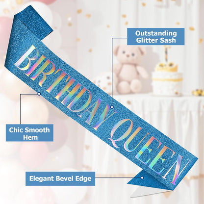 RUDONG M Birthday Queen Sash Glitter - Gold Birthday Sash for Women & Girls | Sweet 16/18th/21st/30th/40th/50th/60th/70th, All-Age Celebration Party Decor