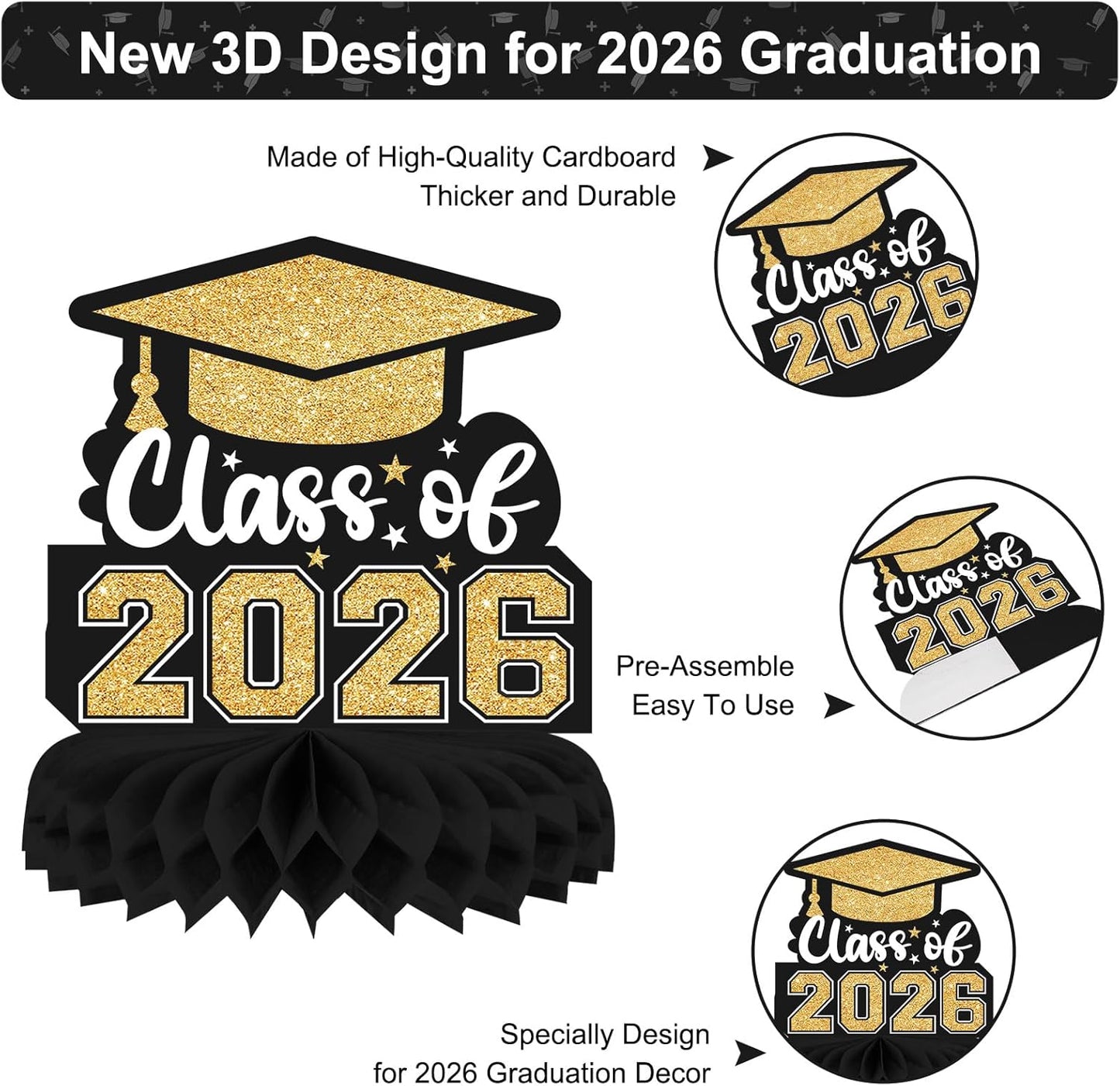 8 Pieces Class of 2026 Graduation Table Decorations - 2026 Congrats Grad Honeycomb Centerpieces, Red Black Graduation Table Toppers Decor for 2026 Graduation Party Decorations Favor Supplies
