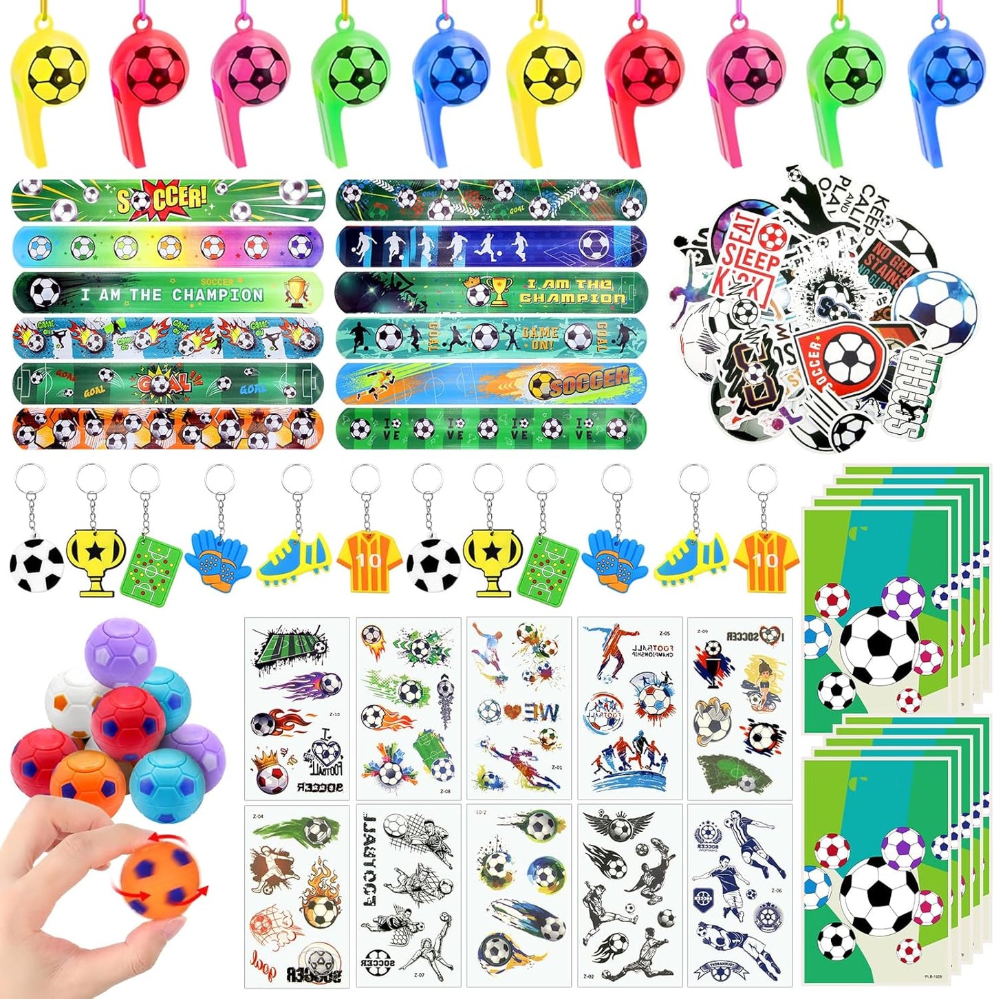 114 Pcs Soccer Party Favors for 10 Kids, Soccer Goodie Bags with Whistles, Slap Bracelets, Spinning Balls, Keychains, Tattoos & Stickers for Birthday, Team Celebration & Game Day
