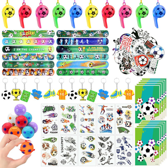114 Pcs Soccer Party Favors for 10 Kids, Soccer Goodie Bags with Whistles, Slap Bracelets, Spinning Balls, Keychains, Tattoos & Stickers for Birthday, Team Celebration & Game Day