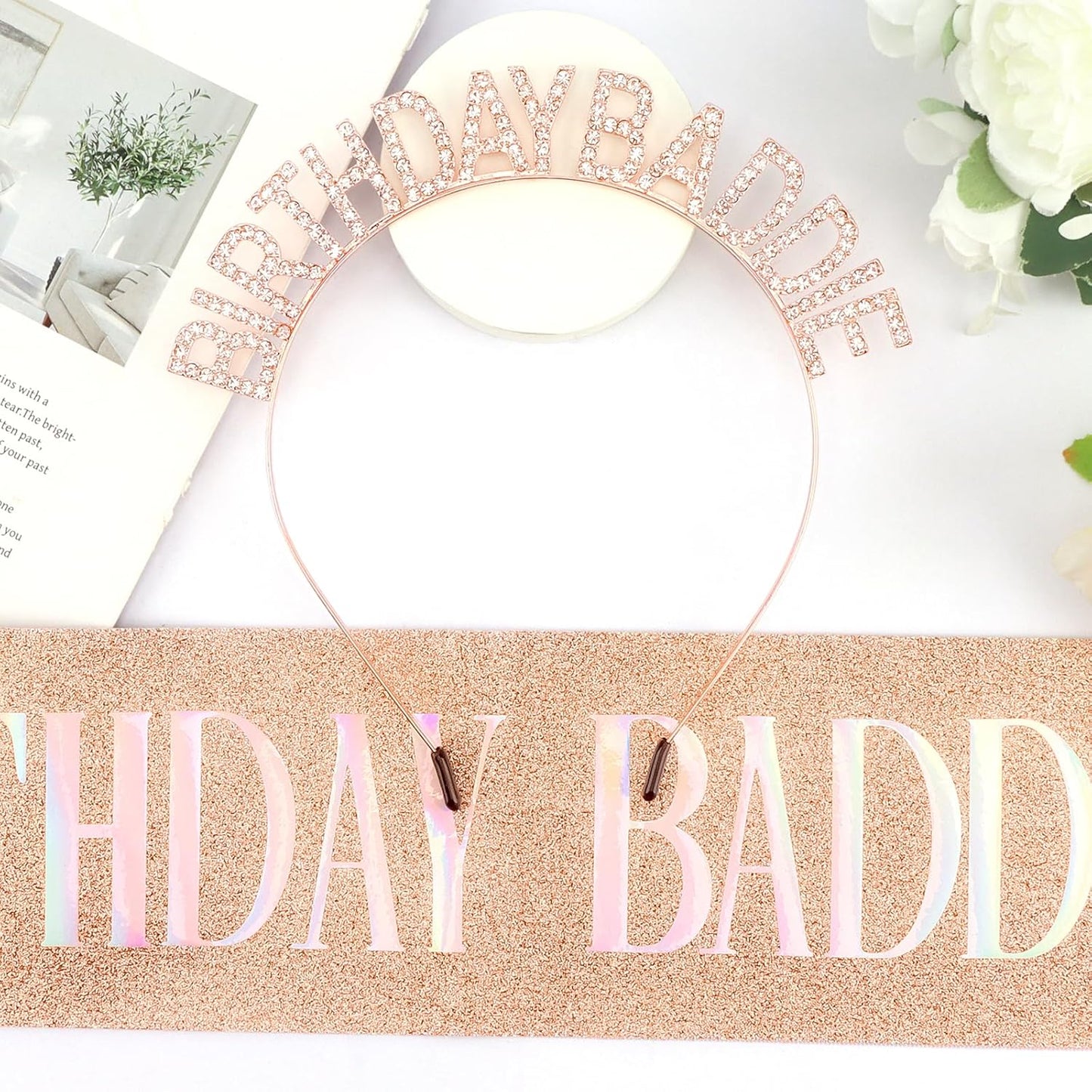 Aprince Birthday Baddie Sash and Tiara Crown for Women Girls Black Gold Happy Birthday Headband Accessiores Party Decorations