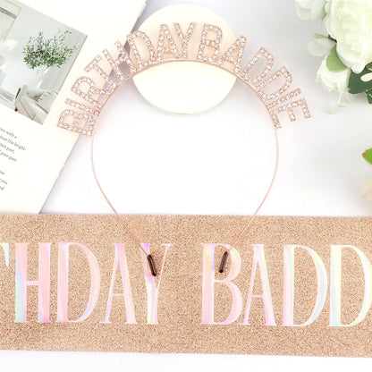 Aprince Birthday Baddie Sash and Tiara Crown for Women Girls Black Gold Happy Birthday Headband Accessiores Party Decorations