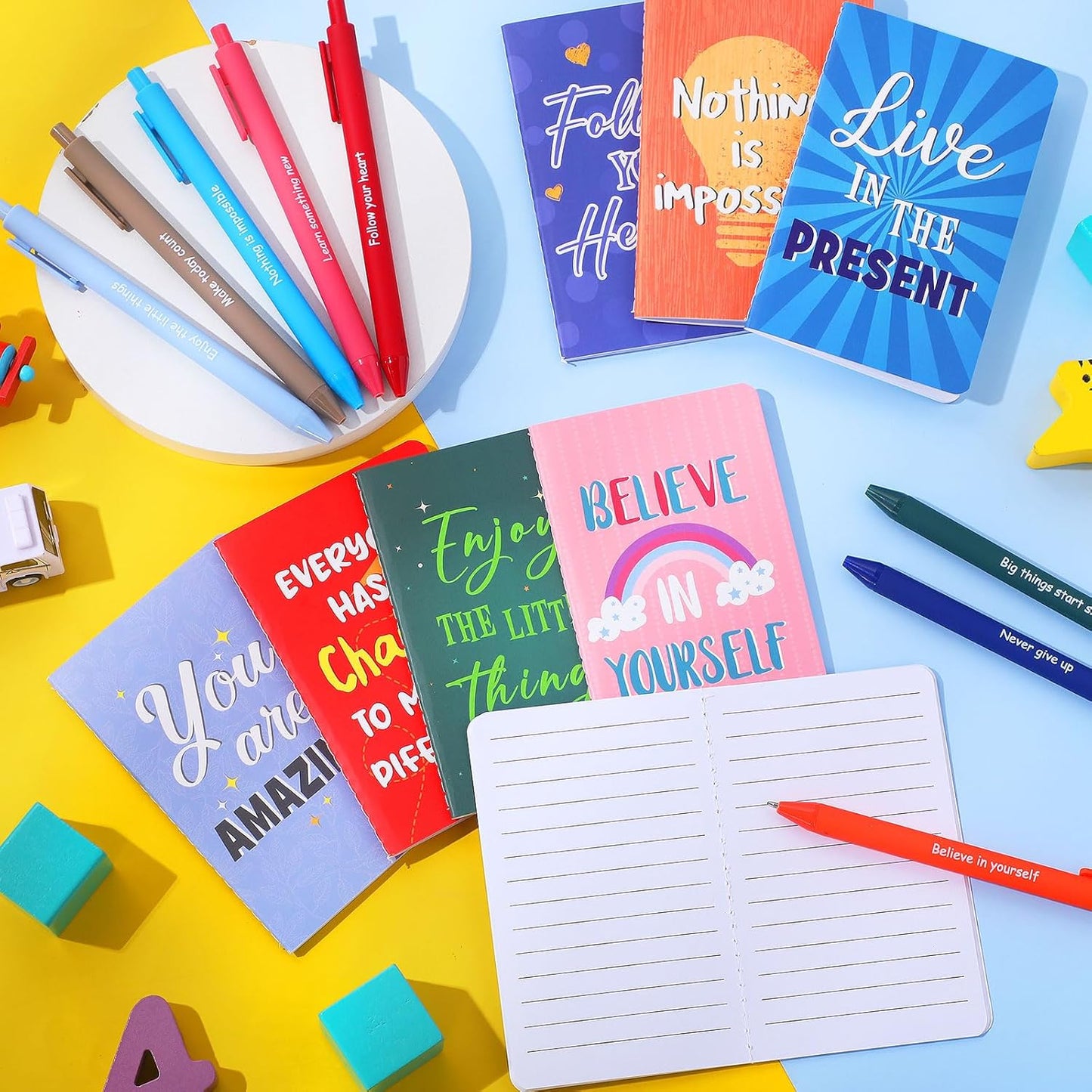 Funrous 32 Pcs Motivational Quote Pens Inspirational Notepads Mini Journal with Ballpoint Pen Small Notebooks Gift for Men Women Coworker Adult Party Favors Prize Teacher Student Office(Stylish)