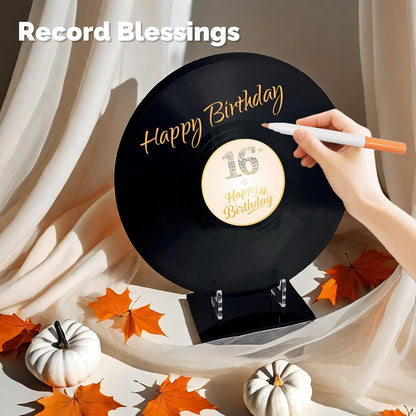 REEGII Vinyl Record Style Birthday Guest Book for Birthday Decorations - Large 11.6"x11.6" Sign-In Poster with 12 Pens | Unique Keepsake Gift for Birthday Party Decor (Happy Birthday, Golden, 11.6"L x 11.6"W)