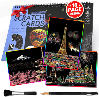 Scratch Art Book(A4-10Page) for Adults & Teens – ASMR Stress-Relieving Scratch Off Art | Paint by Scratch Kit Set | Travel Landmarks & Engraving Art | Creative Gift for Adults (Colorful City Series B)