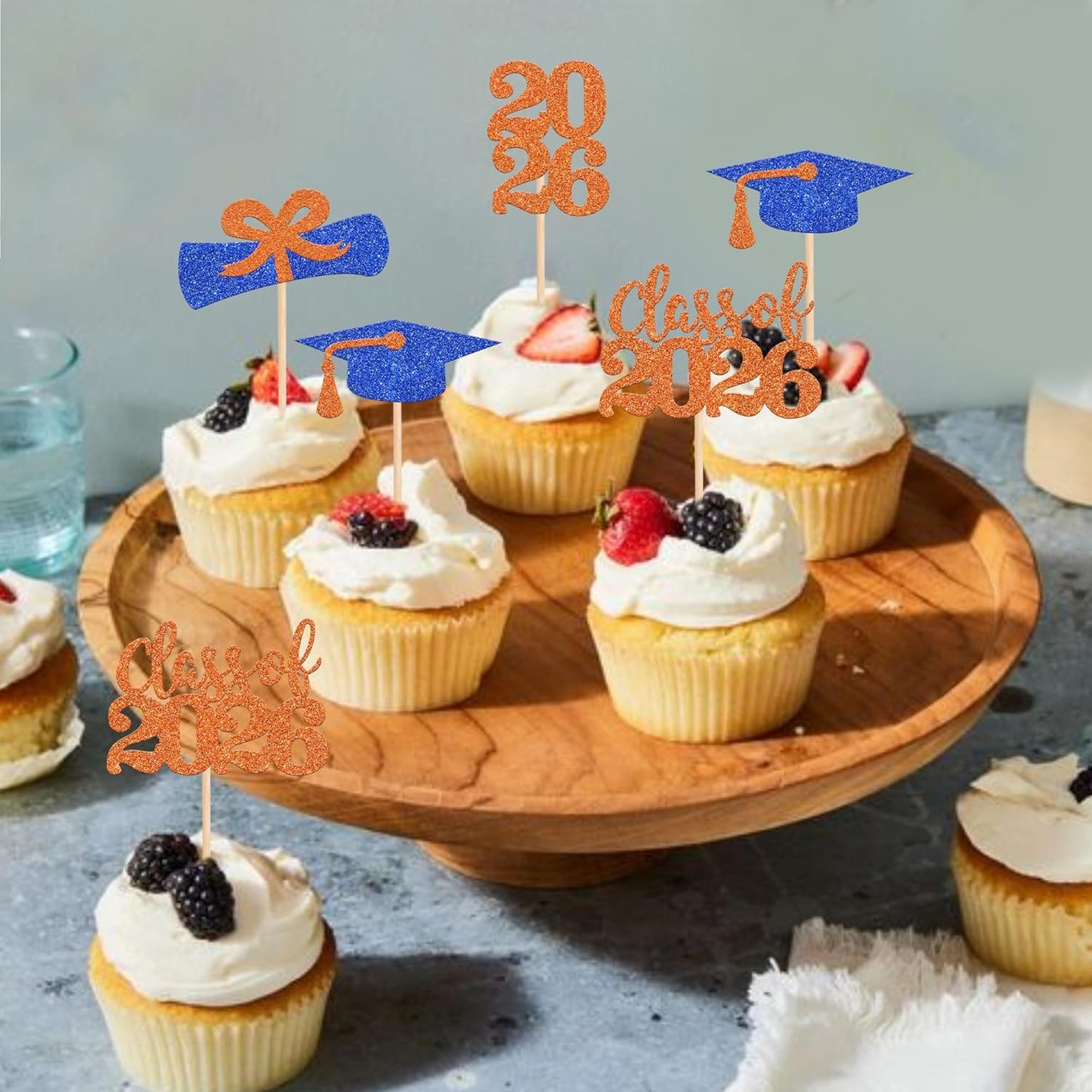 36 PCS 2026 Graduation Theme Cupcake Toppers Glitter Class of 2026 Grad Cap Diploma Cupcake Picks 2026 Graduation Theme Party Cake Decorations Supplies Deep Blue
