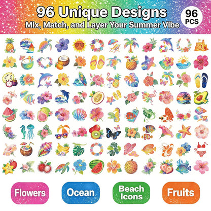 96 PCS Glitter Hawaiian Pre-Cut Temporary Tattoos, Tropical Fake Tattoo Stickers for Luau Party, Aloha Theme, Beach Summer Party Decorations & Party Favors