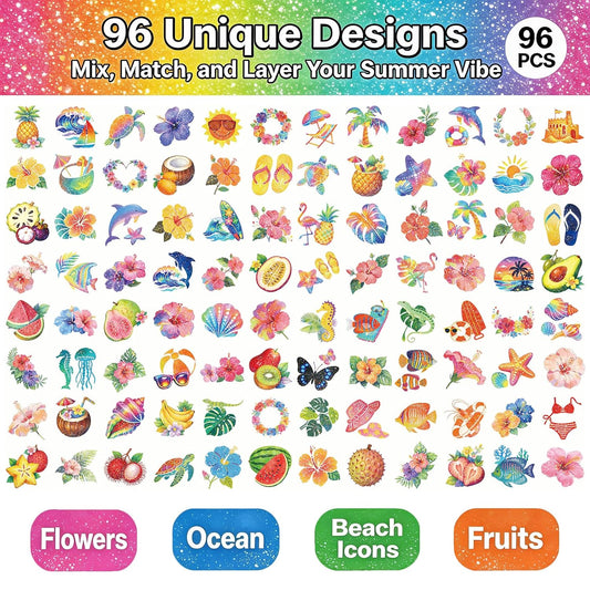 96 PCS Glitter Hawaiian Pre-Cut Temporary Tattoos, Tropical Fake Tattoo Stickers for Luau Party, Aloha Theme, Beach Summer Party Decorations & Party Favors