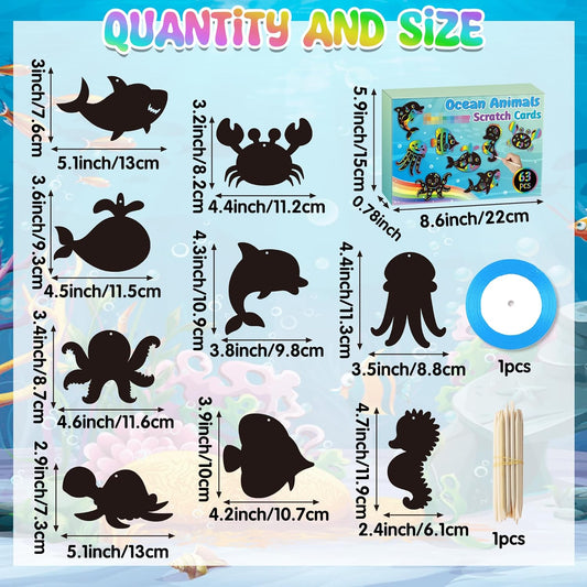 CY2SIDE Summer Ocean Animals Scratch Cards - 63PCS DIY Under The Sea Magic Art Color Scratch Card Craft Kit for Kids Dolphin Magic Rainbow Art for Kids Summer Birthday Party Favor School Activity