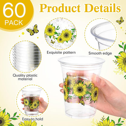 Hushee 60 Pcs Purple Floral Cups with Spring Summer Flower 16 oz Wildflowers Plastic Disposable Drinking Cups for Summer Spring Birthday Baby Shower Wedding Party Supplies