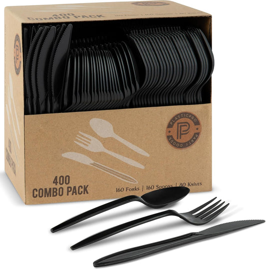 PLASTICPRO 400 Pack Disposable Plastic Utensils Assorted Colored Cutlery Combo Set Forks Spoons Knives Silverware, Orange Plastic Cutlery for Parties