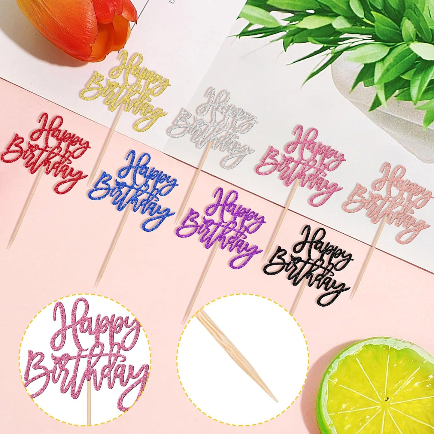 24 PCS Happy Birthday Cupcake Toppers Glitter Picks for Celebrating Anniversary Theme Party Cake Decorations Supplies Gold