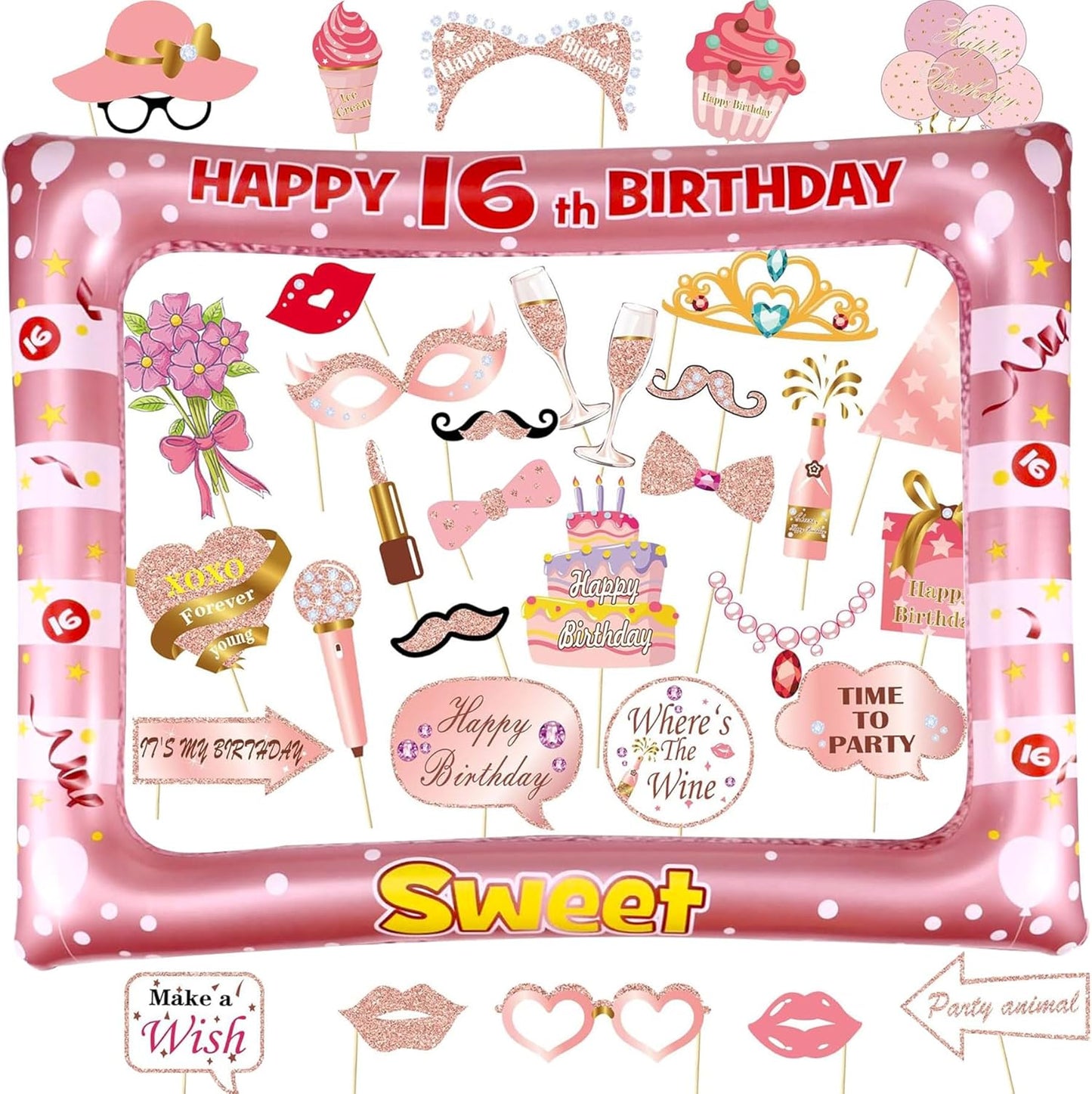 16th Sweet Birthday Inflatable Selfie Photo Frame with Photo Booth Props Set,16th Birthday Party Selfie Props and Frame(24x28 Inches) for Pictures and Decorations Girls 16th Birthday Party Supplies