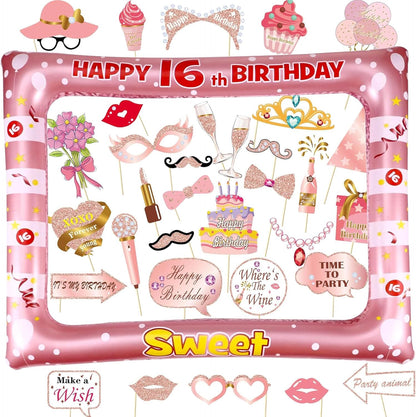 16th Sweet Birthday Inflatable Selfie Photo Frame with Photo Booth Props Set,16th Birthday Party Selfie Props and Frame(24x28 Inches) for Pictures and Decorations Girls 16th Birthday Party Supplies