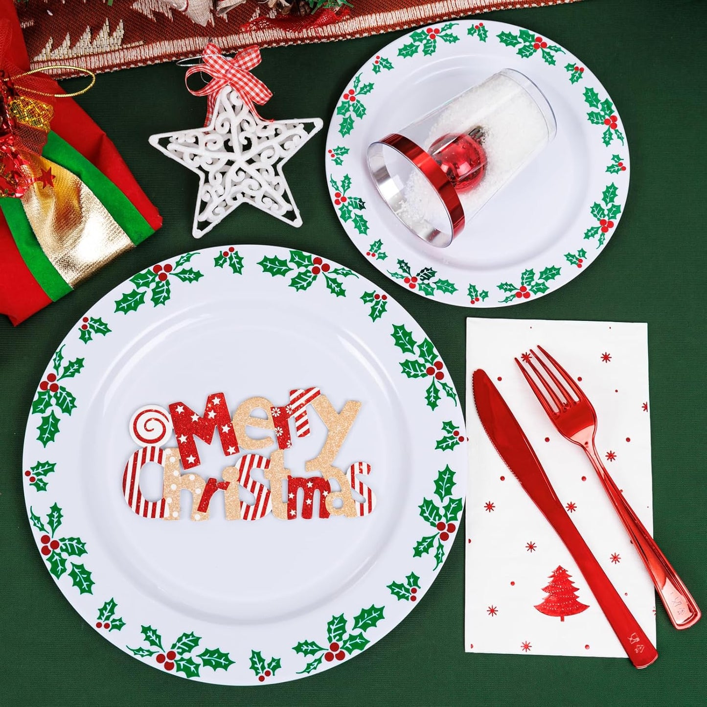350 Pieces Black and Gold Plastic Plates with Disposable Silverware, Include 50 Dinner Plates 9”, 50 Dessert Plates 6.3”, 50 Black Cups 9 OZ, 50 Pre Rolled Napkins for Wedding Party Graduation