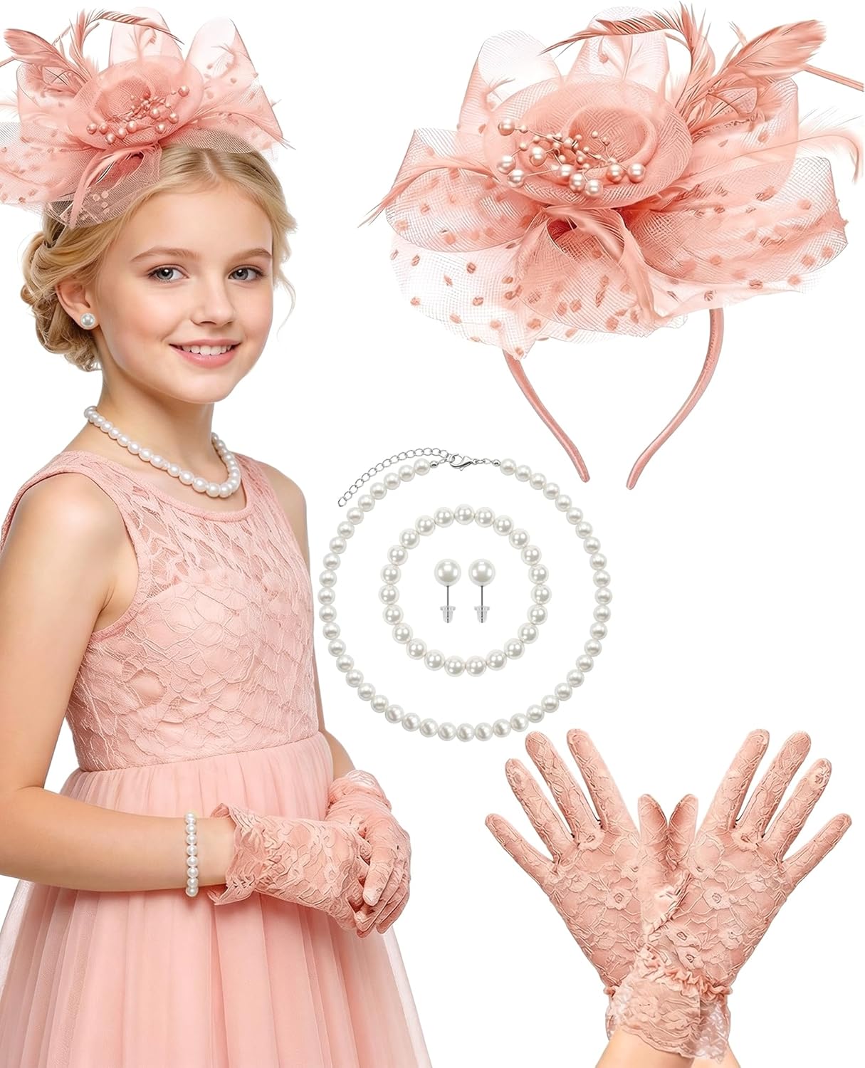 Girls Tea Party Fascinators Hats for Kids Fascinator Tea Party Hat Headband with Gloves Accessories for Girls
