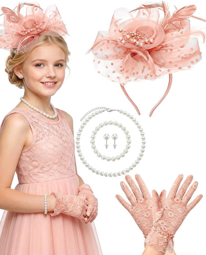 Girls Tea Party Fascinators Hats for Kids Fascinator Tea Party Hat Headband with Gloves Accessories for Girls