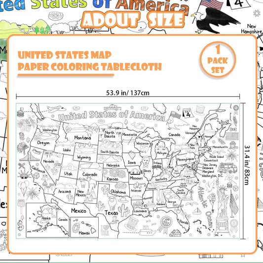 PartyGarden US Map Coloring Poster for Kids - 54 x 33 Inches Giant United States Coloring Map Large Paper Coloring Tablecloth for Children to Learn US States Art Drawing Table Home Classroom Activity