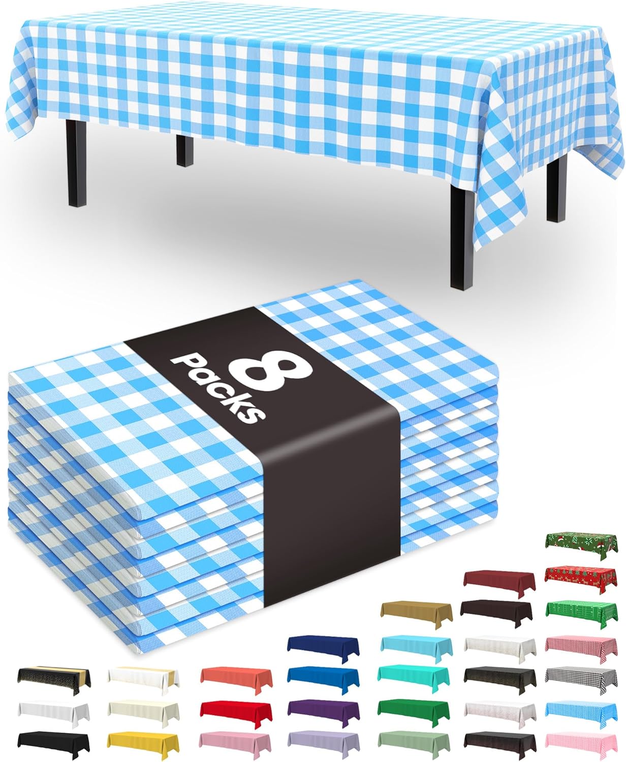 Pureegg Plastic Table Cloth Disposable 8 Pack, 54 x 108 Inch Table Cloths, Party, Picnic, Wedding, Decorative Tablecloths, Rectangle, White Plastic Cover, Leakproof & Sturdy, White