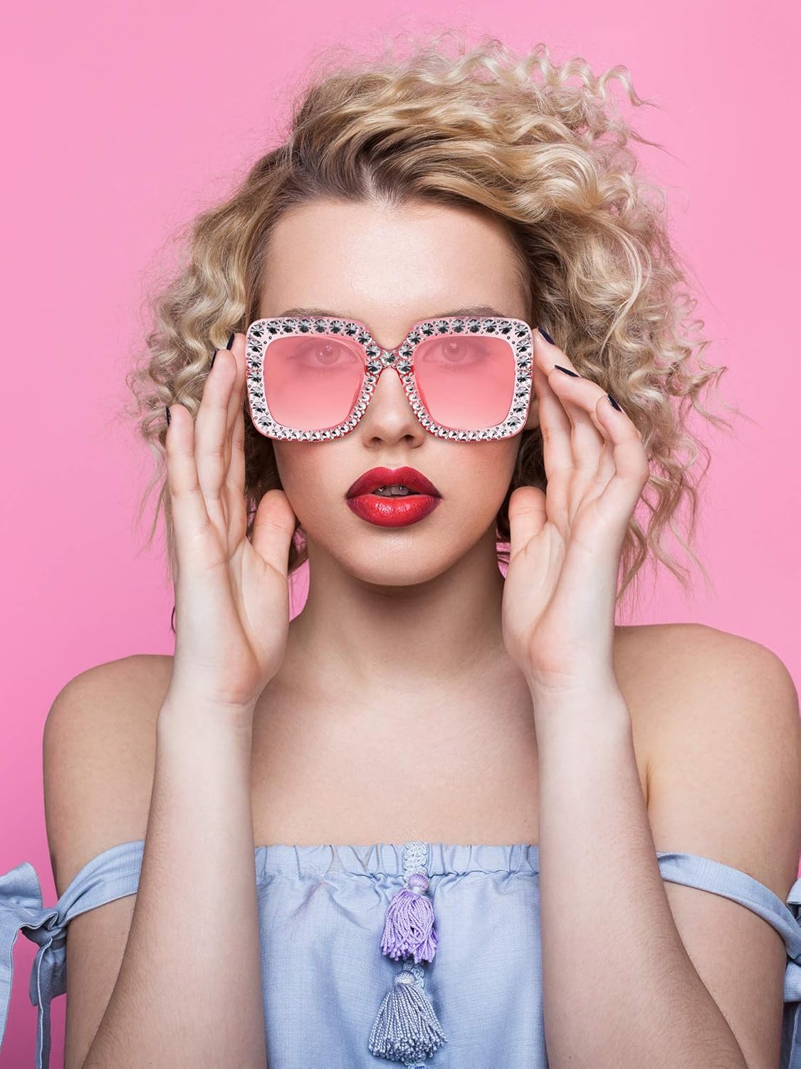 Frienda 6 Pairs Rhinestone Oversized Square Sunglasses 70s Women Dazzled Sunglasses for Disco Party Concert Photo Props