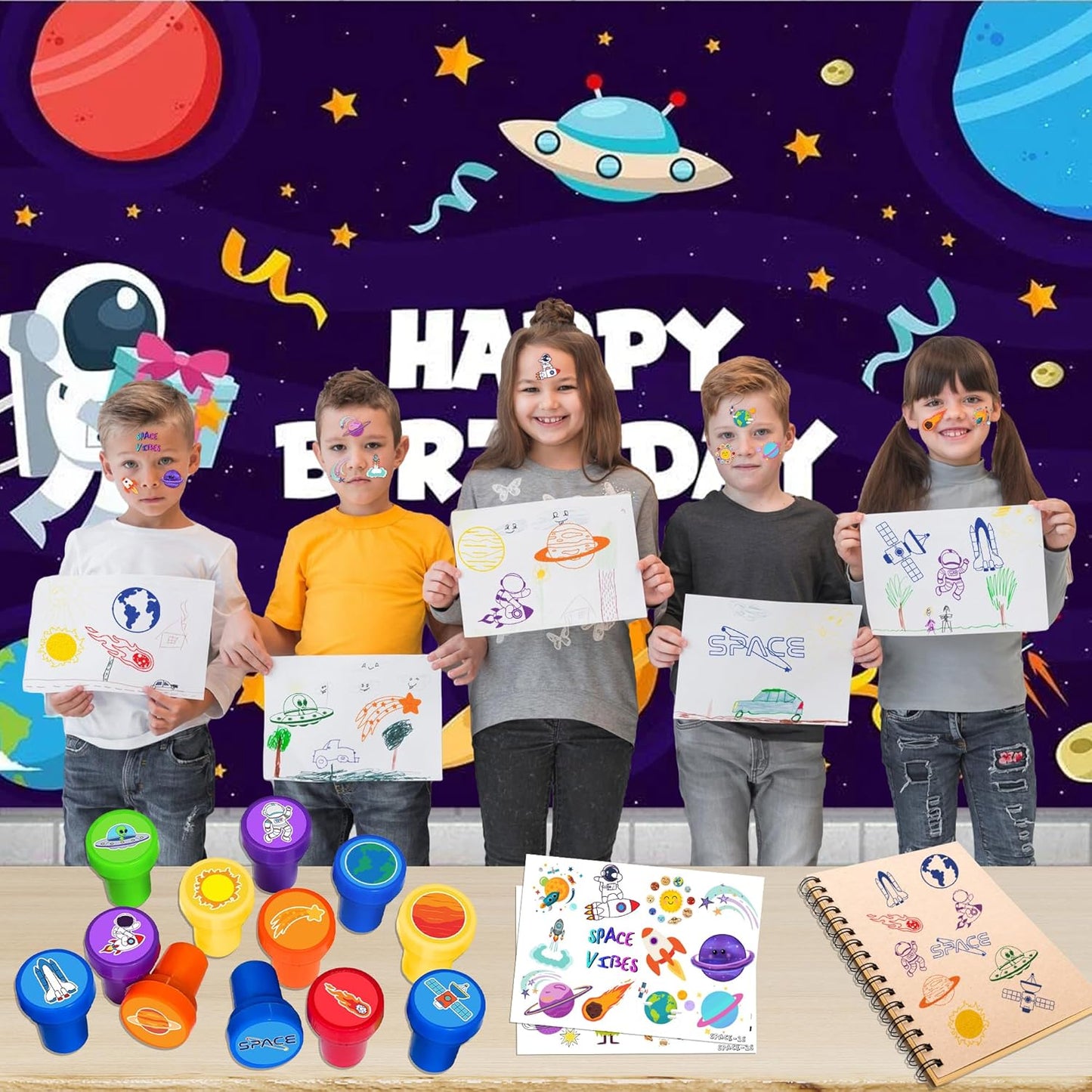 36PCS Space Party Favors - 24PCS Temporary Tattoos & 12PCS Stamps - Ideal Astronaut Galaxy Themed Birthday Card Decorations Supplies Goodie Bag Cute Rewards for Boys Girls Classroom Gifts Baby Shower