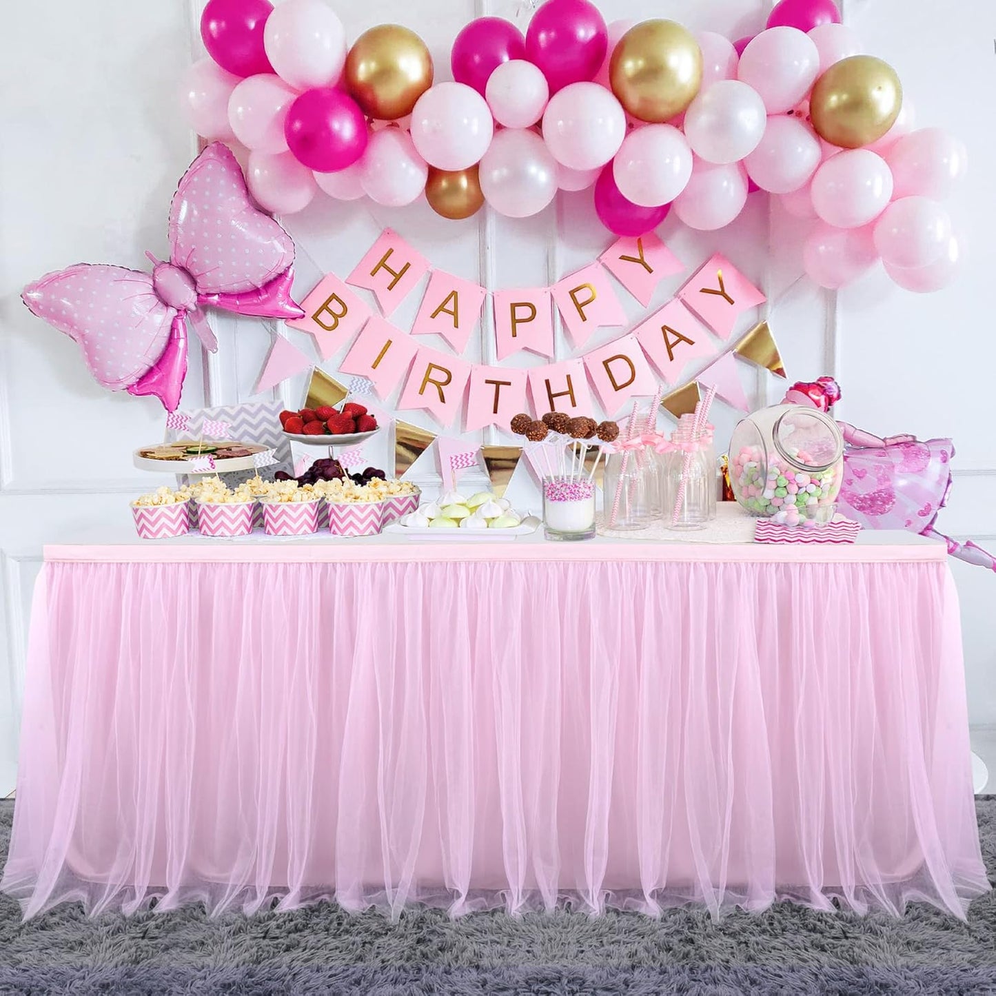 Suppromo 6ft Pink Tulle Table Skirt Baby Shower Tablecloth for Rectangle Tables or Round Tables Pink Ruffle Tutu Table Skirts Desk Skirt for Princess Girls Birthday Party Cake Dessert Decorations