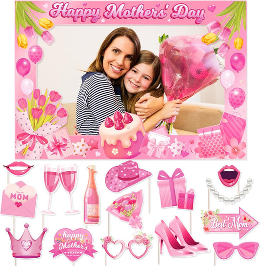 Mother's Day Photo Booth Props with Photo Frame Colorful Floral Happy Mother's Day Directional Posing Sign Selfie Props for Photoshoot Flowers Best Mom Ever Thank You Mum Photography Decor 16Pcs