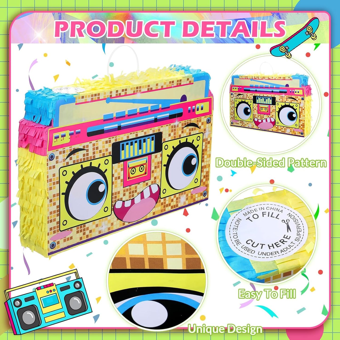 Rock and Roll Skeleton Piñata with Headphones Design Blindfold Hitting Stick Confetti for Music Themed Birthday Party (15.56 x 13.19 x 2.76 inch)