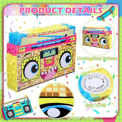 Rock and Roll Skeleton Piñata with Headphones Design Blindfold Hitting Stick Confetti for Music Themed Birthday Party (15.56 x 13.19 x 2.76 inch)