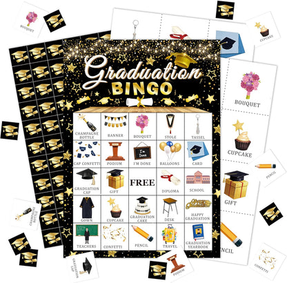 Graduation Bingo Game Cards, Black Gold Graduation Bingo Games, Graduation Game for 24 Players, Grad Party Activity Games for Family Friends, Holiday Party Favors Supplies Decorations -A26